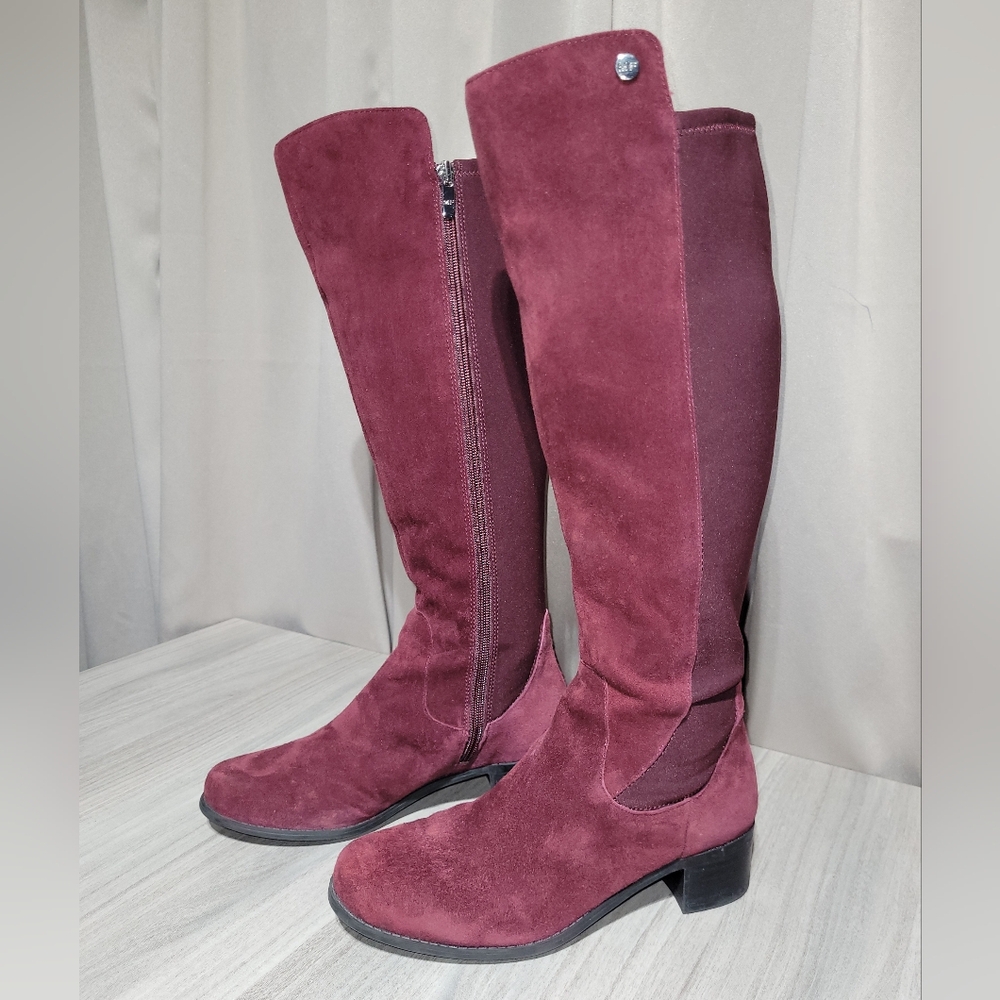 Marc Fisher Burgundy Suede Leather Stretch Tall Knee-High Wide-Calf Boots Sz 6